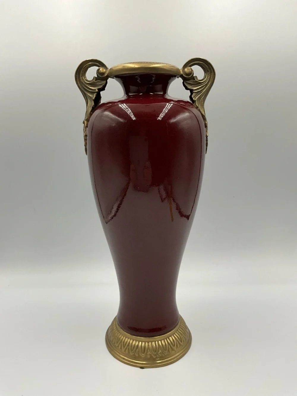 Vintage Porcelain Vase Oxblood Red Glaze Gilt Bronze Mounts Scroll Handles